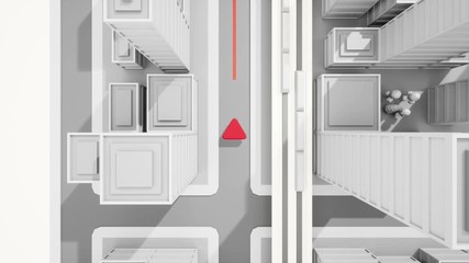 Top view of low poly GPS map of city. Red arrow  running forward along a path. 60fps loopable seamless animation.