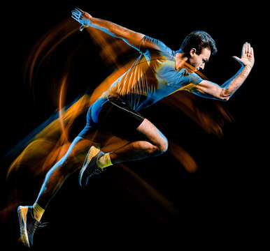 one caucasian runner running jogger jogging man light painting speed effect isolated on black background