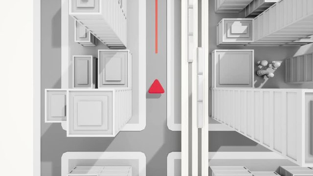 Top view of low poly GPS map of city. Red arrow  running forward along a path. 60fps loopable seamless animation.