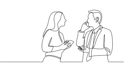 Continuous line drawing of two business people discussing in the conference room and showing cellphones. Creative business team brainstorming over project isolated on white background.