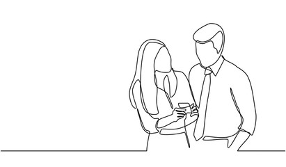 Continuous line drawing of two business people discussing in the conference room and showing cellphones. Creative business team brainstorming over project isolated on white background.