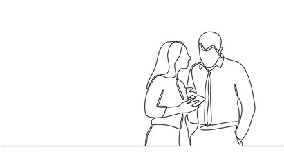 Fototapeta na wymiar Continuous line drawing of two business people discussing in the conference room and showing cellphones. Creative business team brainstorming over project isolated on white background.