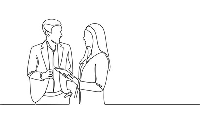 Continuous line drawing of two business people discussing in the conference room and showing cellphones. Creative business team brainstorming over project isolated on white background.