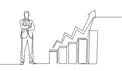 continuous line drawing of Businessman looking for investment opportunity standing on growth graph. concept of business success through growth graph. Investor. Profit Stock Market. Business concept.