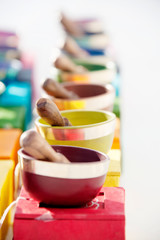 Colorful chakra sound bowls. 