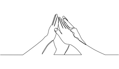 Continuous line drawing of handshake celebrating victory, achievement or good work result. handshake up to celebrate a joint victory isolated on white background. © Gondex