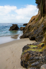 Footprints in the Sand at Low Tide. Colorful moss and other living organisms grow on the north-side cliffs of Wood's Cove, Laguna Beach, California.