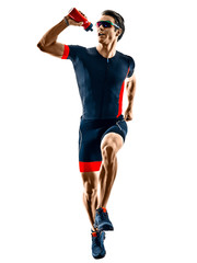 triathlete triathlon runner running in silhouette isolated on white background
