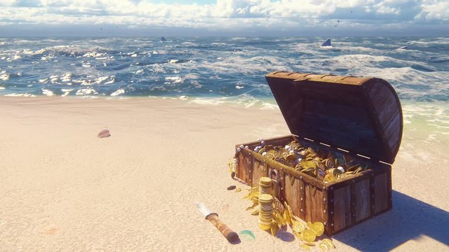 An open wooden pirate chest filled with gold coins and diamonds lies on the shore of a lost tropical island. Beautiful loop background.