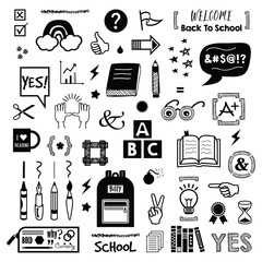 Black ink and silhouette kids back to school and educational icons set on white background