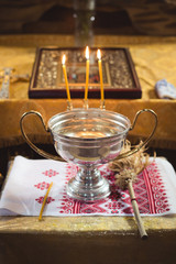 Accessories for Christening. Interior Of Orthodox Church In Easter. baby christening. Ceremony a in Christian . bathing the into the baptismal font