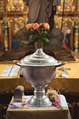 Accessories for Christening. Interior Of Orthodox Church In Easter. baby christening. Ceremony a in Christian . bathing the into the baptismal font