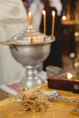 Accessories for Christening. Interior Of Orthodox Church In Easter. baby christening. Ceremony a in Christian . bathing the into the baptismal font