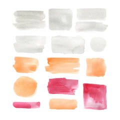 Set of watercolor stains. Gray, peach pink, scarlet spots. Hand drawn line, rectangle, round, square shapes isolated on white background