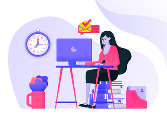 girl is working by sitting on a pile of books and reading e-mail on the computer screen. women work wearing sexy or casual clothes. Flat vector illustration concept for Landing page, website, mobile