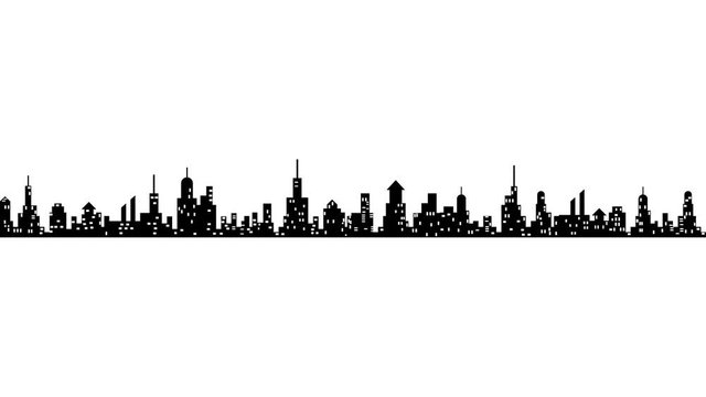 City skyline long silhouette, cityscape animation, timelaps of flashing light in windows of multistory buildings during night time, black isolated on white background.