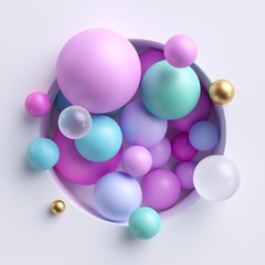 3d abstract illustration, assorted pink blue pastel balls inside round niche isolated on white background