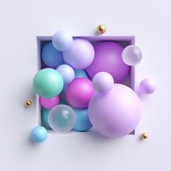 3d abstract illustration, assorted pink blue pastel balls inside square niche isolated on white background