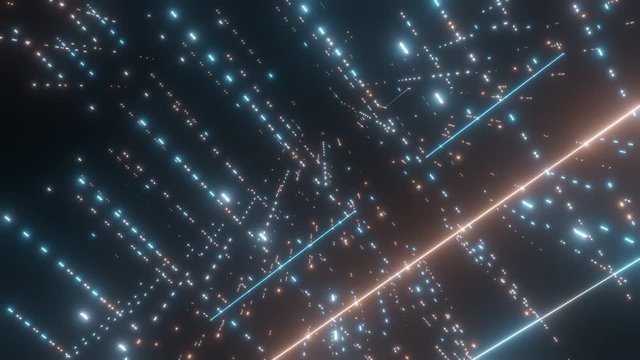 Seamless loop. Camera pan across neon glow led dots and lines, traversing and navigating inside abstract technology binary data. Concept of Big data, artificial intelligence, core ai, cpu processing