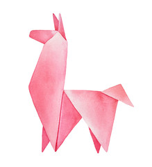 Watercolour sketch of Fluffy Origami Llama. Sign of comfort, patience, curiosity, communication. Hand painted water color graphic on white background, cut out clipart element for creative design. © Julija