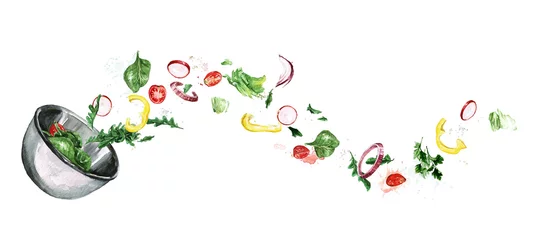 Gardinen Frischer Salat, fliegende Zutaten. Aquarellillustration © nataliahubbert