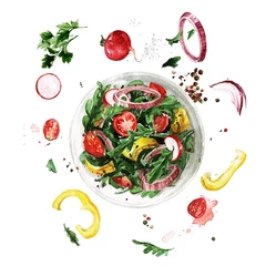 Keuken spatwand met foto Frisse salade, vliegende ingrediënten. Aquarel Illustratie © nataliahubbert