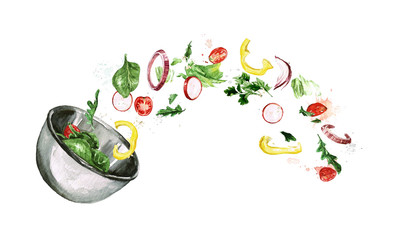 Fresh Salad, flying ingredients. Watercolor Illustration - 281349129