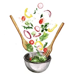 Tuinposter Frisse salade, vliegende ingrediënten. Aquarel Illustratie © nataliahubbert