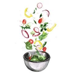 Schilderijen op glas Frisse salade, vliegende ingrediënten. Aquarel Illustratie © nataliahubbert