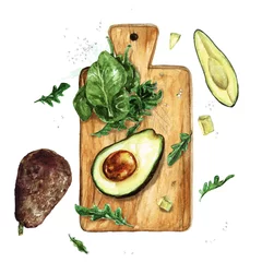 Deurstickers Avocado en Groenen op een houten bord. Aquarel Illustratie © nataliahubbert