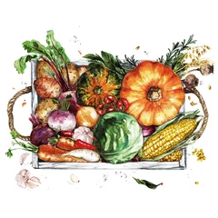 Rugzak Houten dienblad met groenten. Aquarel Illustratie © nataliahubbert