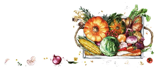 Keuken spatwand met foto Houten dienblad met groenten. Aquarel Illustratie © nataliahubbert