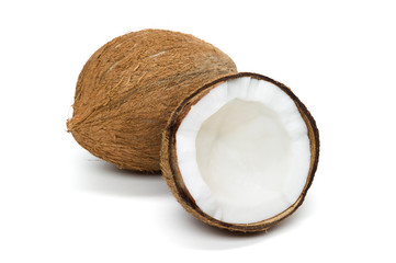 Fototapeta na wymiar Coconut, whole exotic tropical nut with half isolated on white background, healthy food, diet nutrition