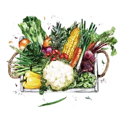 Zelfklevend Fotobehang Houten dienblad met groenten. Aquarel Illustratie © nataliahubbert