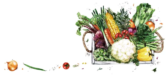 Deurstickers Houten dienblad met groenten. Aquarel Illustratie © nataliahubbert