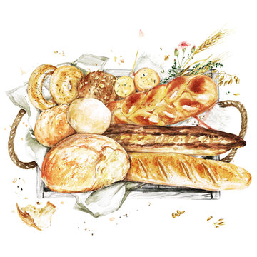 Wooden Tray with Bred. Watercolor Illustration