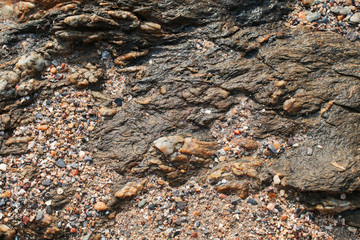 Detail of surface texture with small pebble rock on dirty ground.