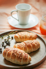DELICIOUS AND NUTRITIOUS BREAKFAST. Coffee, croissants, jam