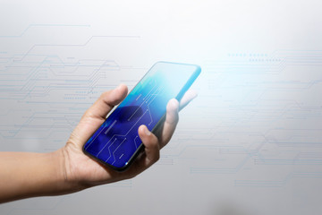 businessman hand technology with digital and social media diagram on wooden desk