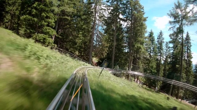 First person view of an alpine bob ride at Merano 2000