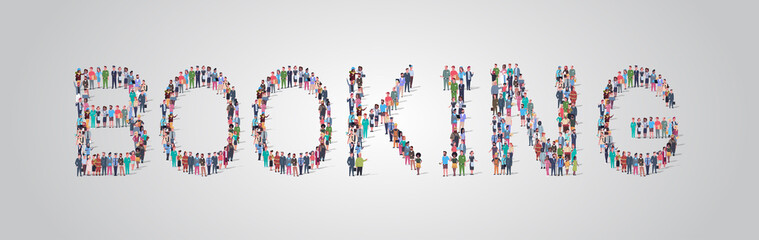 people crowd gathering in shape of booking word different occupation employees mix race workers group standing together social media community concept flat horizontal