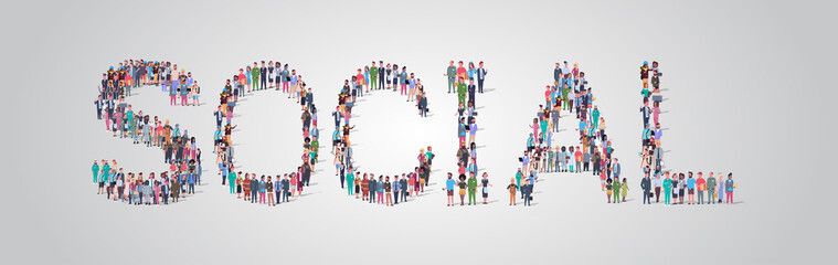 people crowd gathering in shape of social word different occupation employees mix race workers group standing together community concept flat horizontal
