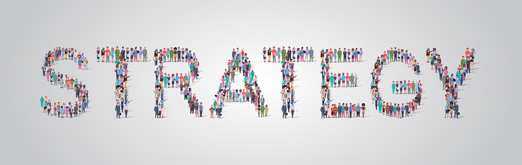 people crowd gathering in shape of strategy word different occupation employees mix race workers group standing together community concept flat horizontal