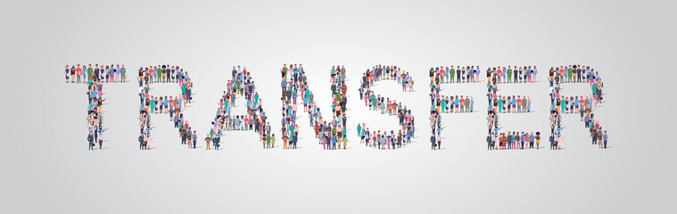people crowd gathering in shape of transfer word different occupation employees mix race workers group standing together community concept flat horizontal