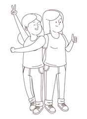 Teenagers friends smiling and having fun cartoon in black and white