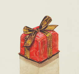 赤いケーキボックス　リボン付き　水彩画