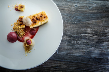 top view closeup delicious sliced sponge cake with red syrop