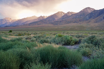 Mountain range colorful sunset with clouds before storm , Eastern Sierra Mountains, Mono County, California, USA