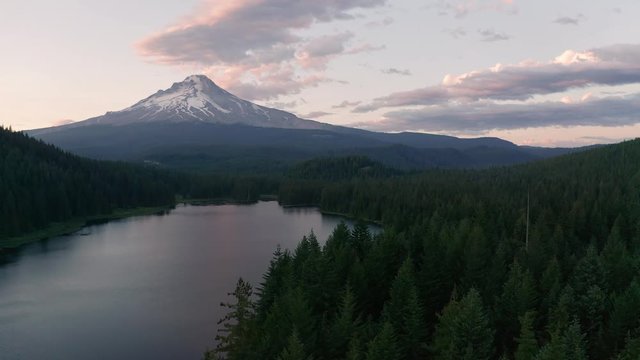Aerial View Sunset Mount Hood and Trillium Lake at Mud Creek