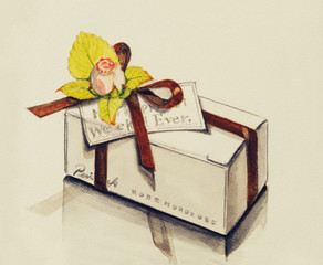 リボン付き　白いケーキボックスの水彩画